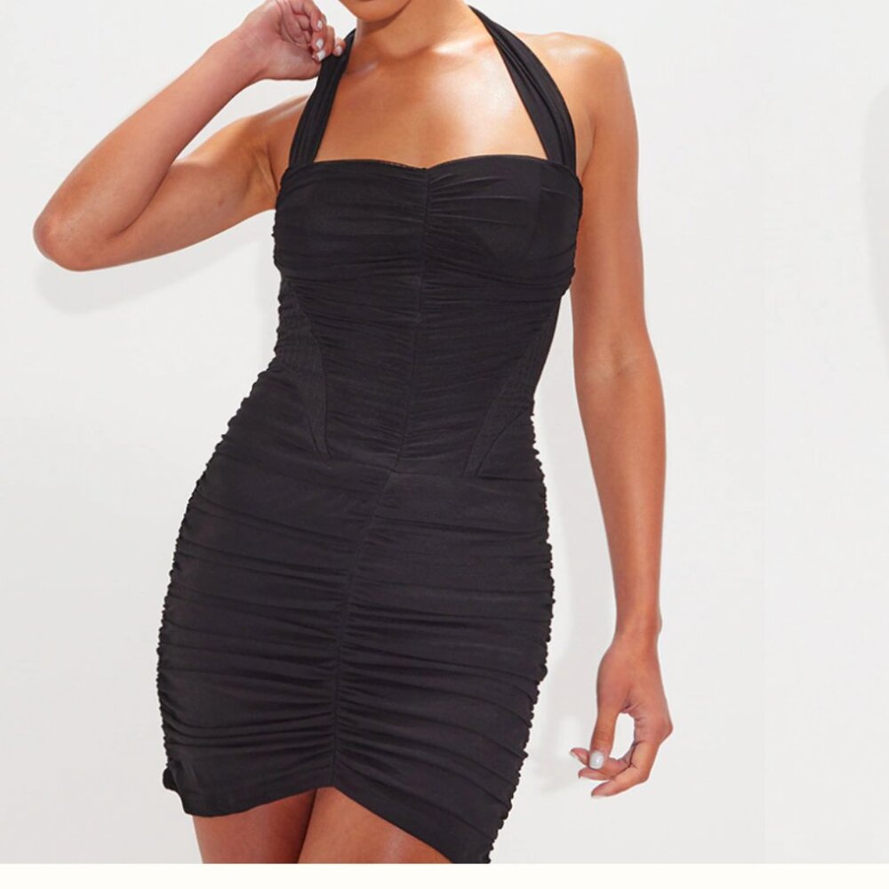 PrettyLittleThing Black Mesh Extreme Ruched Corset Halter Bodycon Dress Feminine